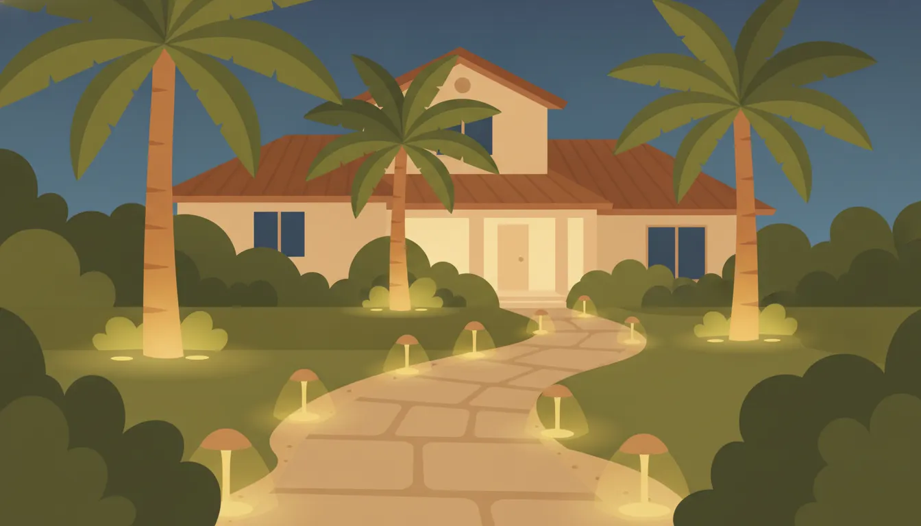 Outdoor landscape lighting illuminating a Florida home's walkway and palms at dusk