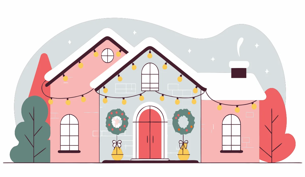 Round flat vector illustration of a home decorated with Christmas lights and holiday decorations