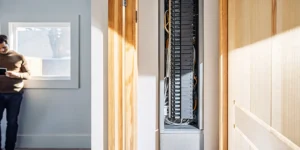 An open home breaker box showing the main breaker and individual circuit breakers.