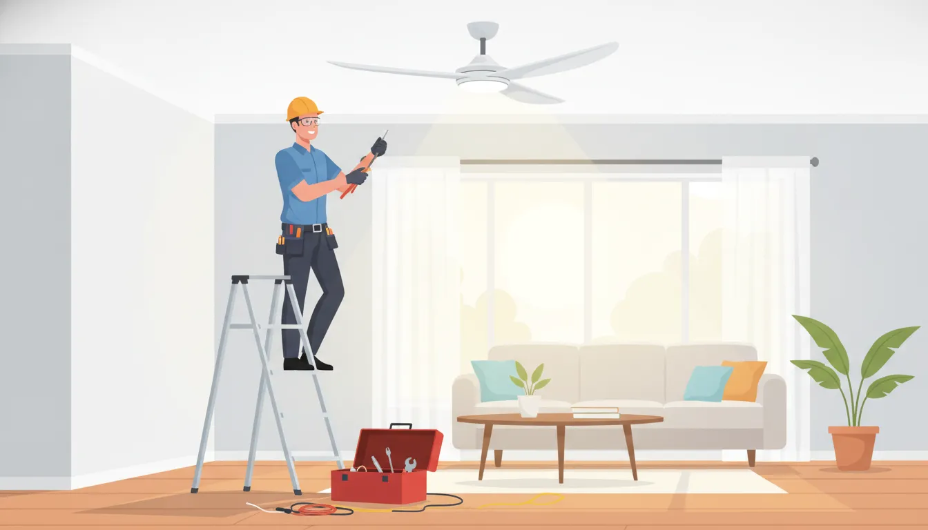 Licensed electrician installing a ceiling fan on a ladder in a bright Florida living room