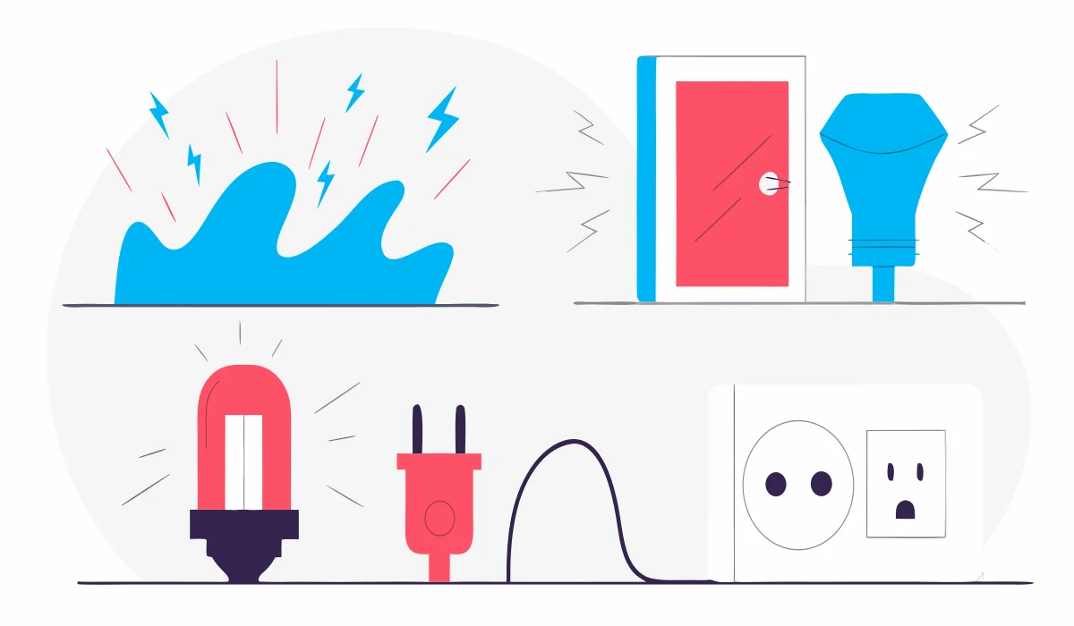 Round flat vector illustration of common home electrical problems including flickering light and faulty outlet