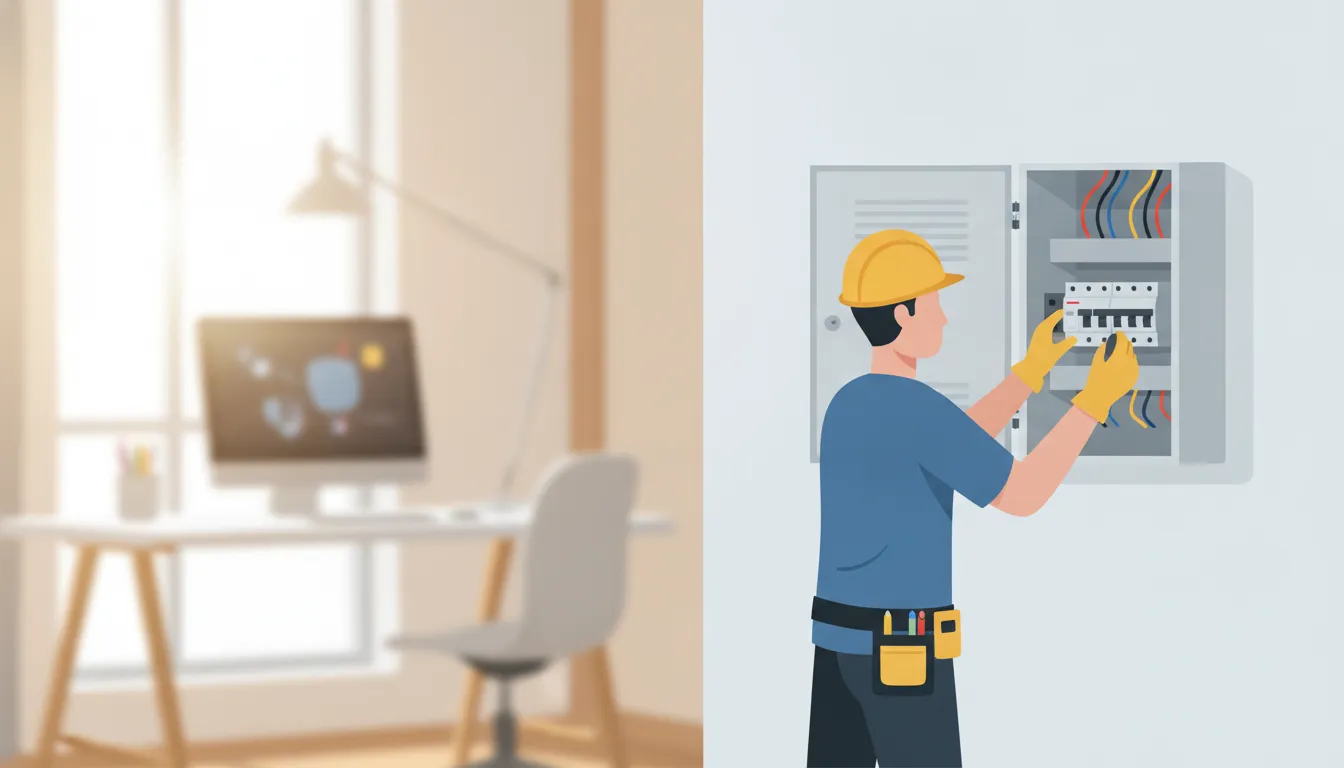 Licensed electrician installing a dedicated circuit breaker in a home office electrical panel