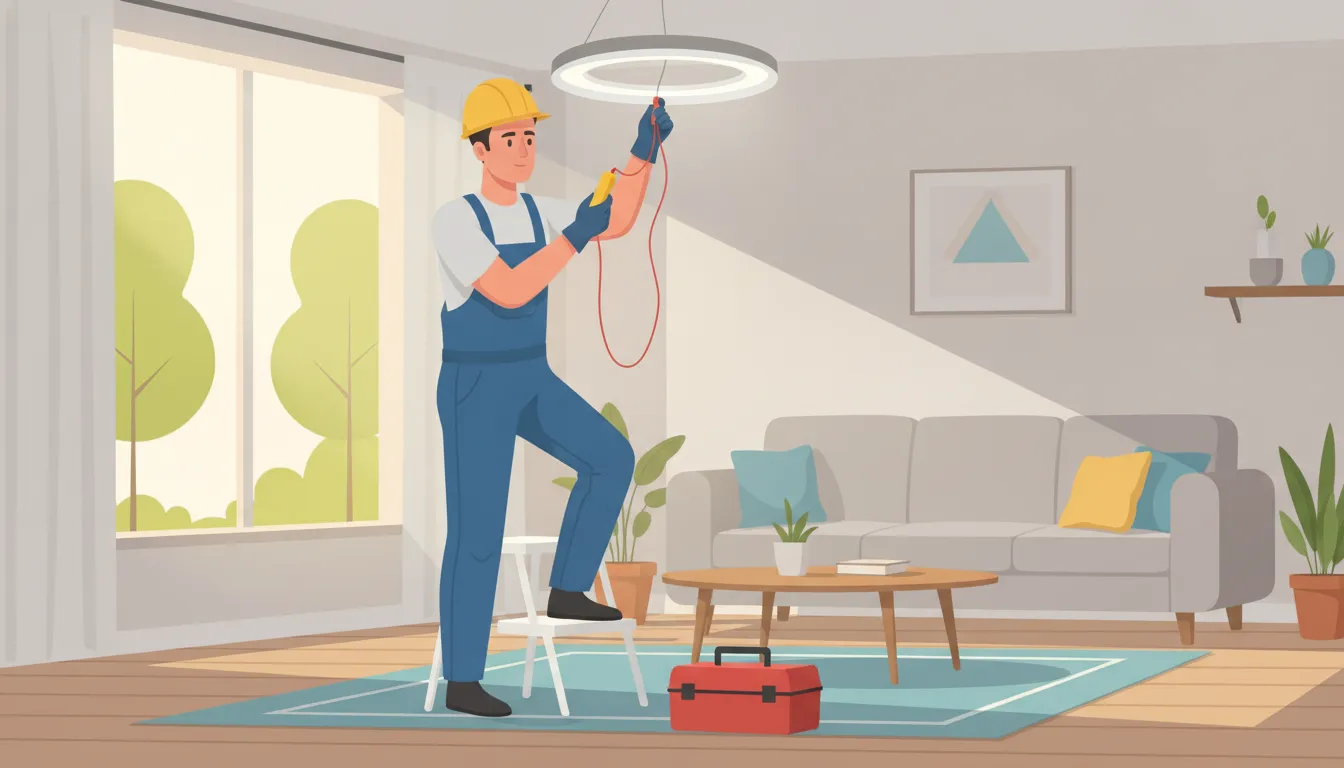 Licensed electrician inspecting a ceiling light fixture in a bright living room