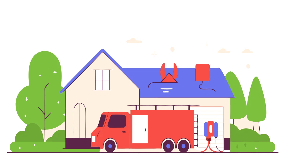 Round flat vector illustration of an electrician service truck outside a Port St. Lucie home