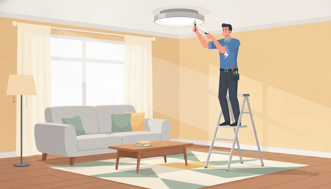 Licensed electrician installing a new ceiling light fixture in a home