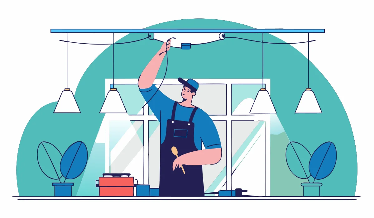 Round flat vector illustration of an electrician installing modern light fixtures in a Stuart FL home