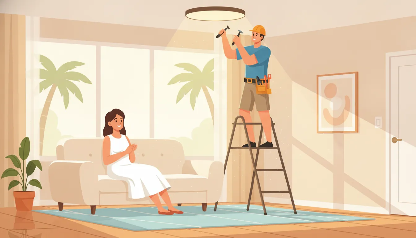 Licensed electrician repairing a ceiling light fixture in a home