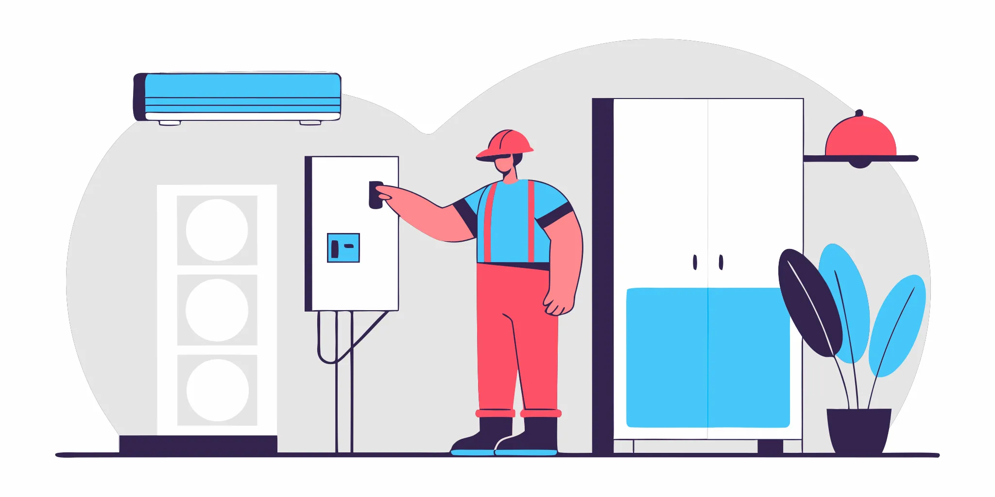 Professional electrician inspecting an electrical panel connected to an air conditioning unit