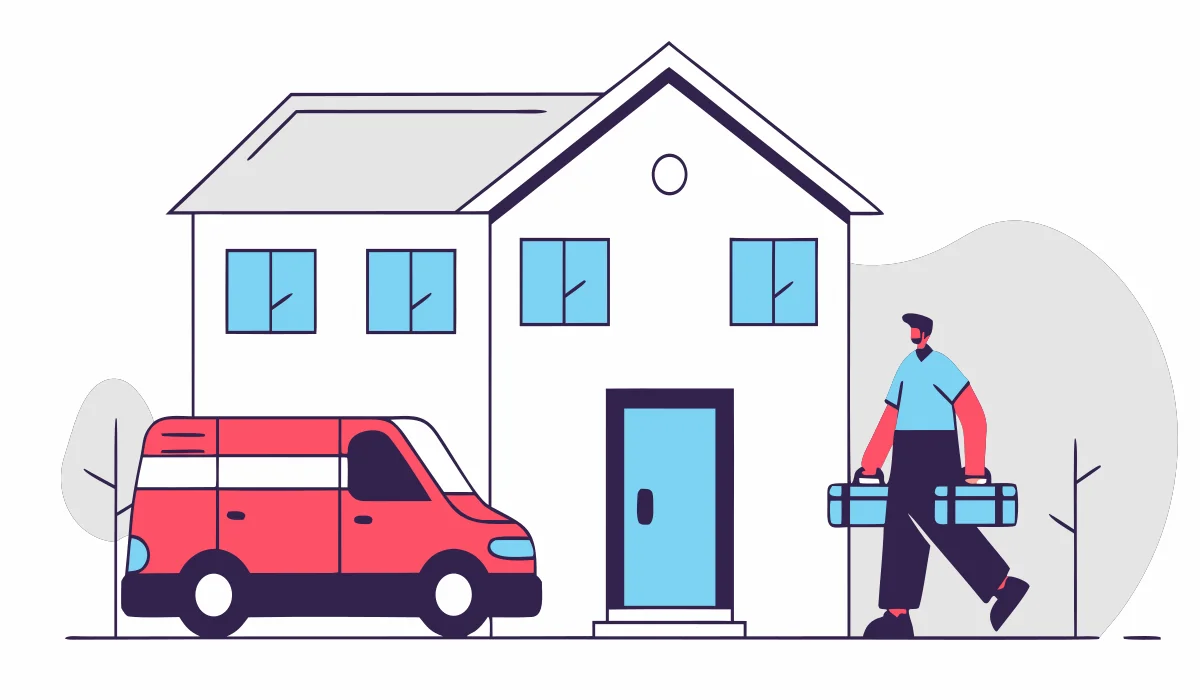 Round flat vector illustration of a professional electrician service van outside a Stuart FL home