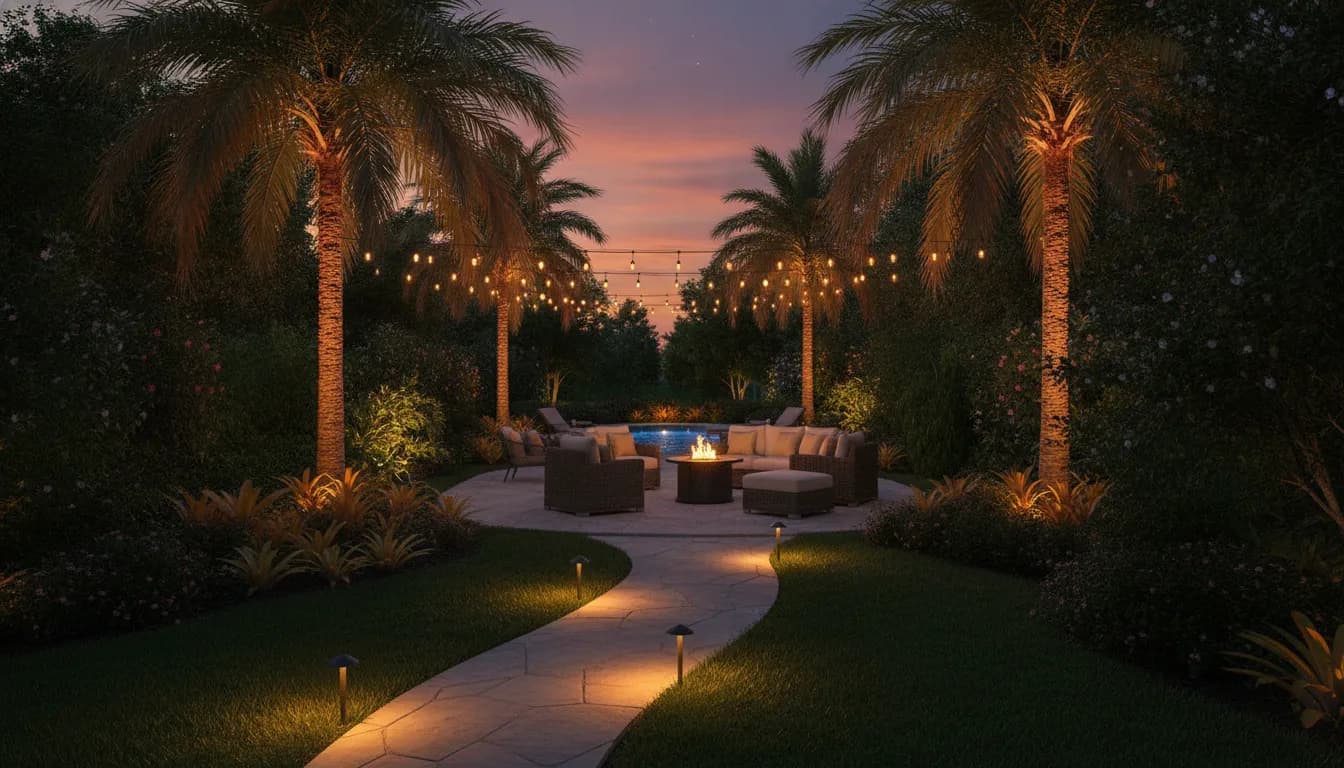 Tropical Florida backyard at dusk with warm path lights, string lights, and palm accent lighting