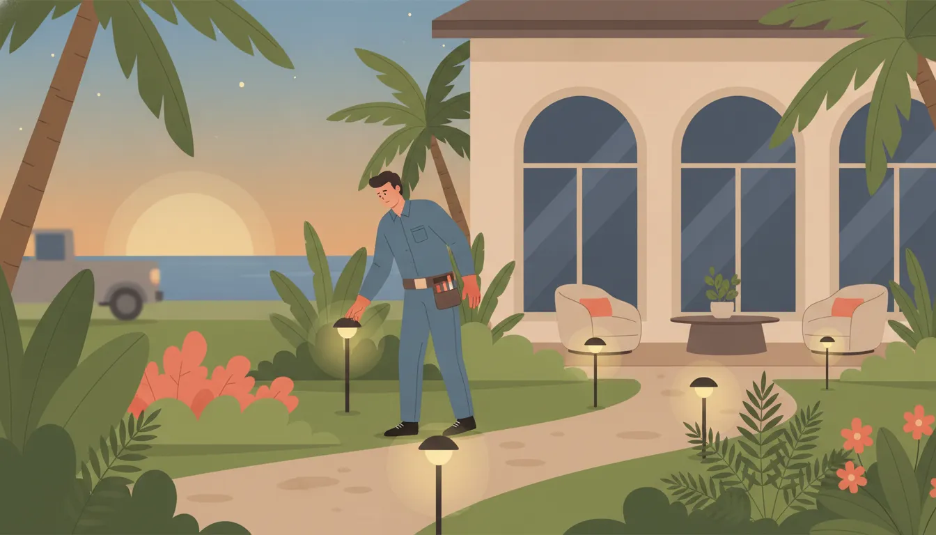 Professional outdoor landscape lighting repair at a Florida home patio