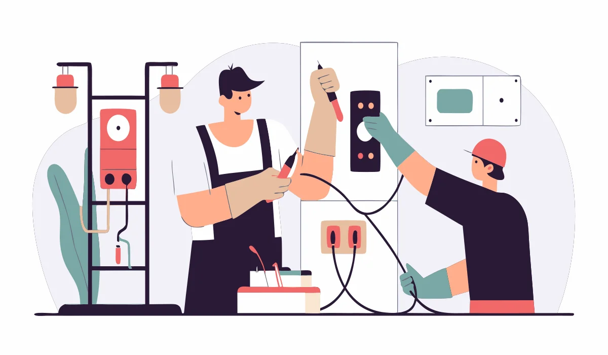 Round flat vector illustration of a professional electrician providing home electrical services