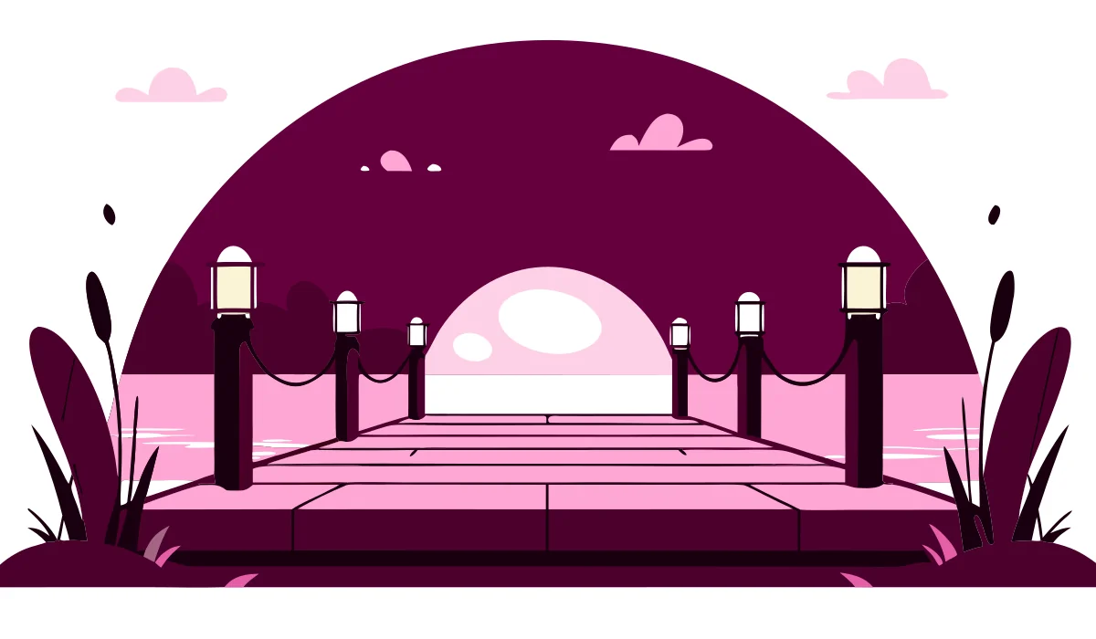 Round flat vector illustration of a dock with safety pathway lights at night