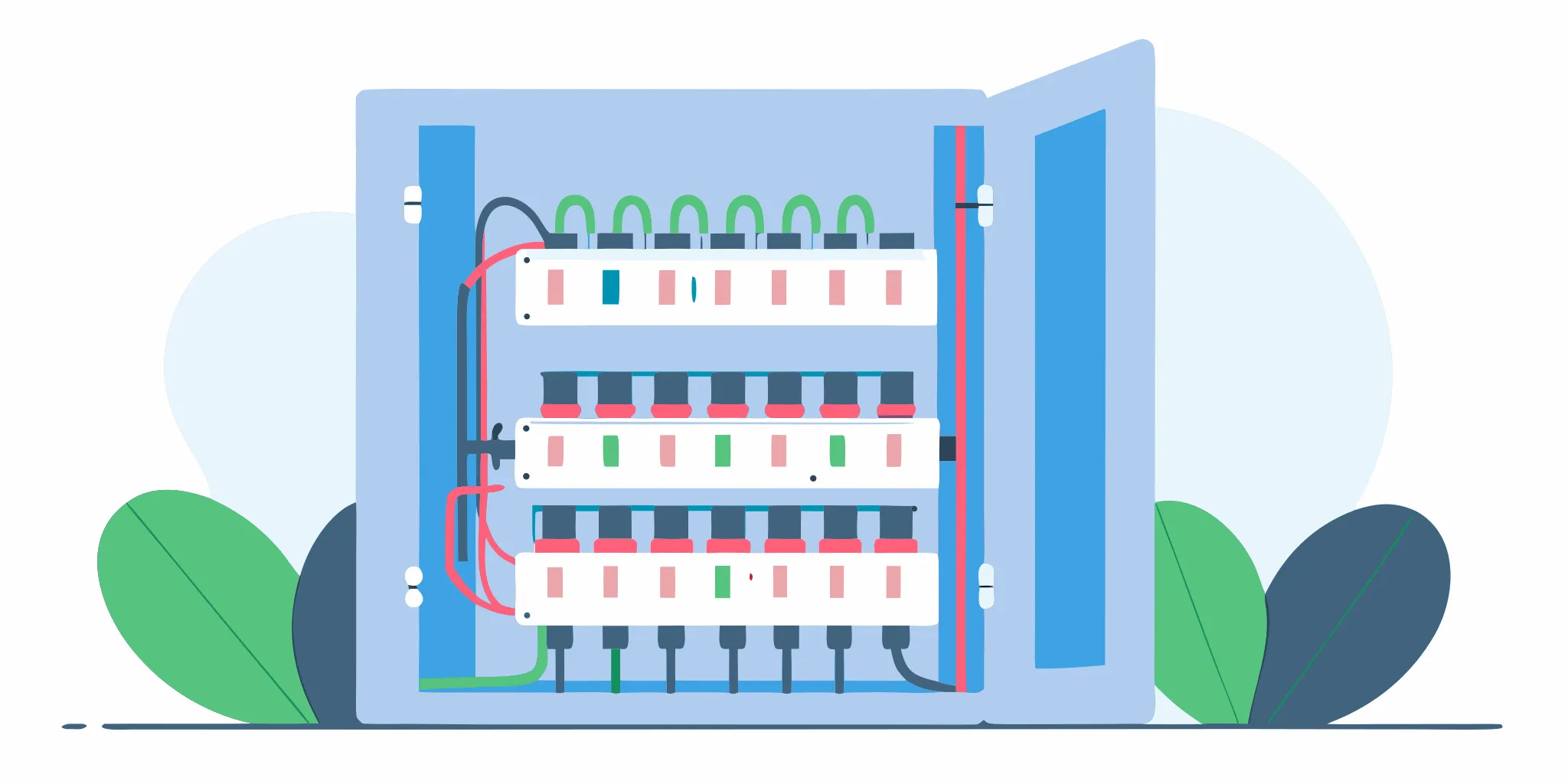 A professional flat vector illustration of an upgraded modern residential home electrical panel with clean circuit breakers and safe electrical components.