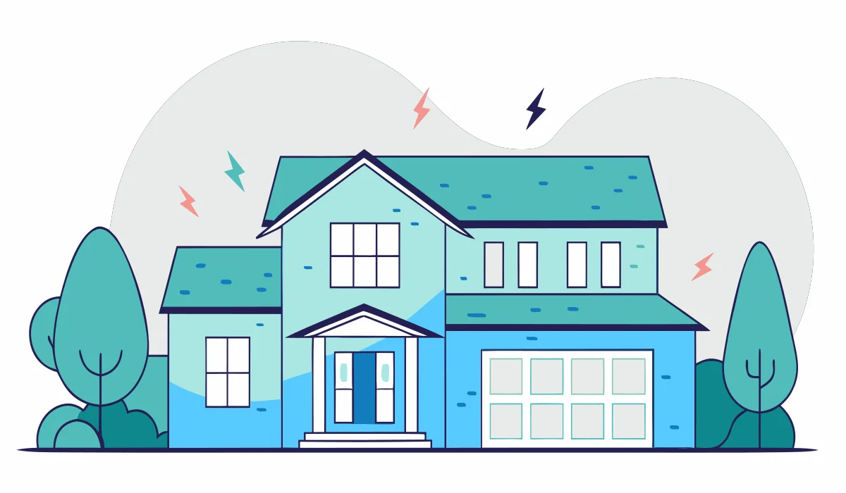 Round flat vector illustration of a Port St. Lucie home with electrical warning signs