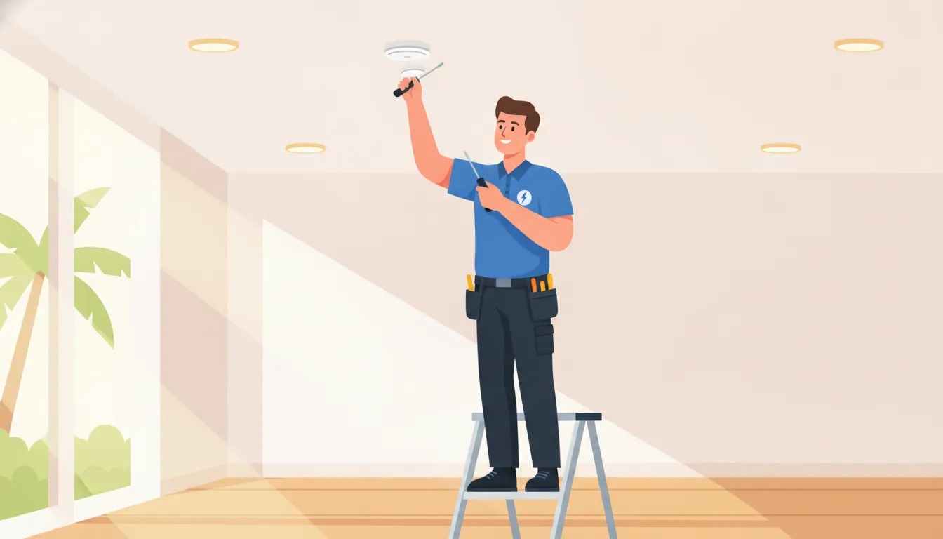 Licensed electrician installing a smoke detector on a ceiling in a West Palm Beach home