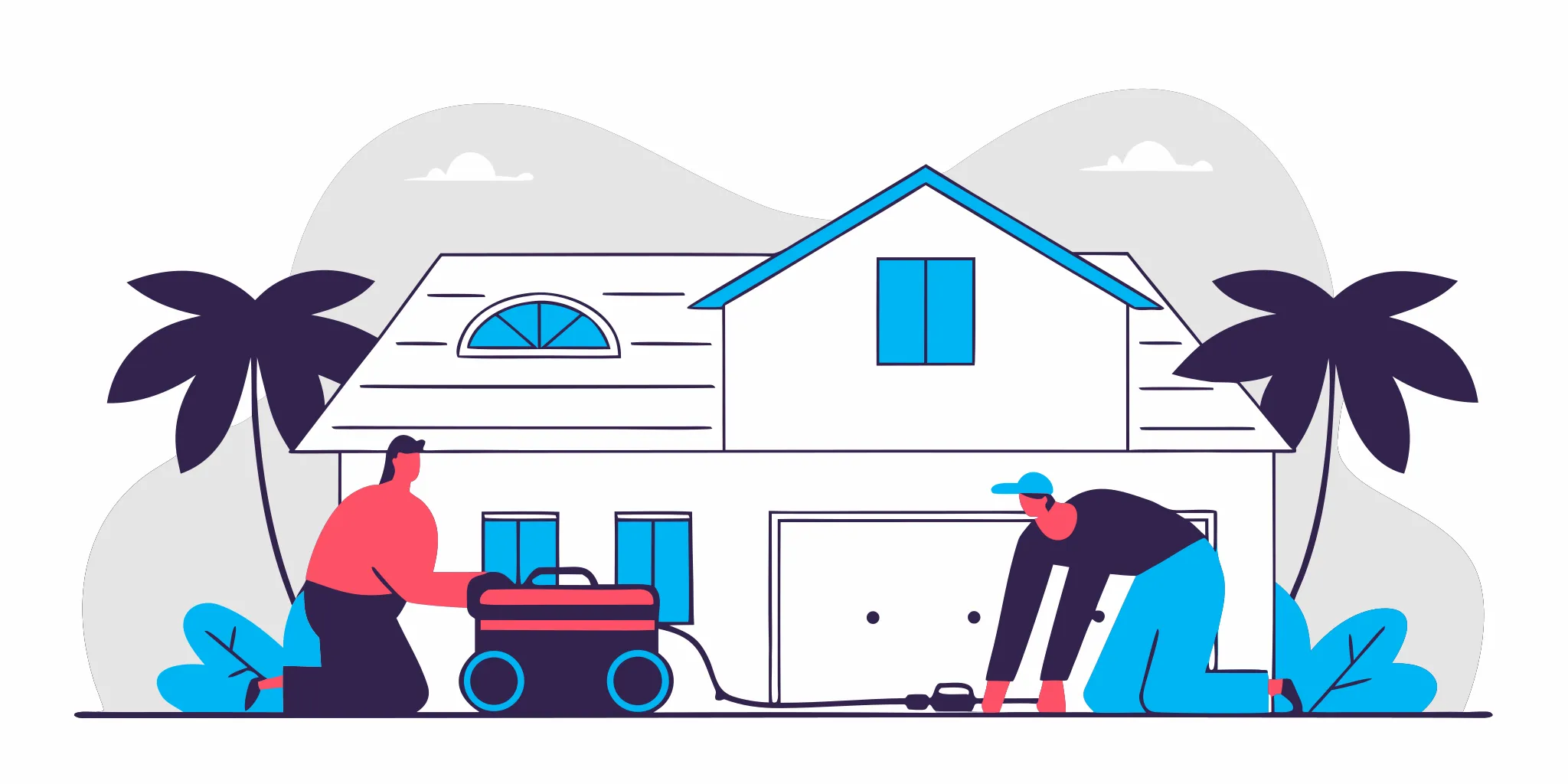 Professional electricians installing a home standby generator at a Florida residence
