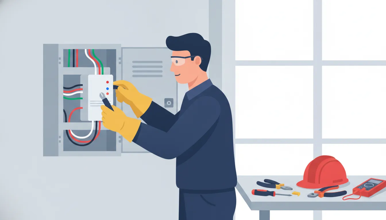 Licensed electrician installing a whole house surge protector in a residential electrical panel