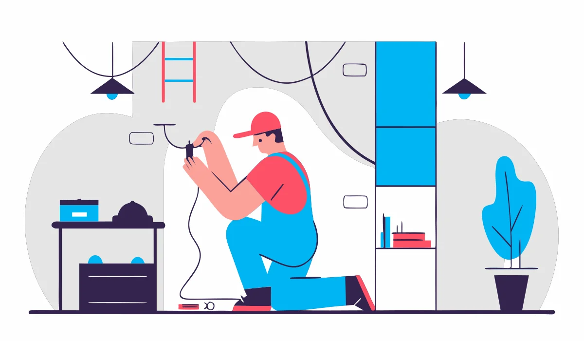 Round flat vector illustration of an electrician performing home rewiring in Stuart Florida