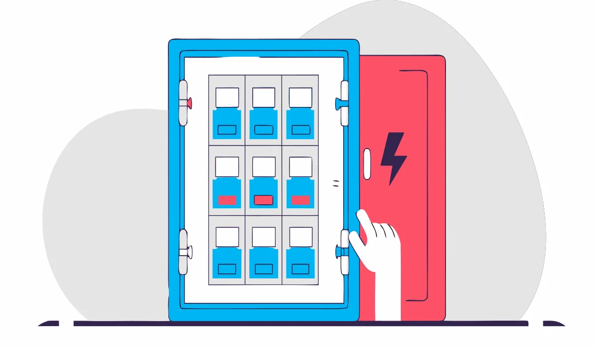 Round flat vector illustration of an electrical breaker panel with tripped circuit breaker