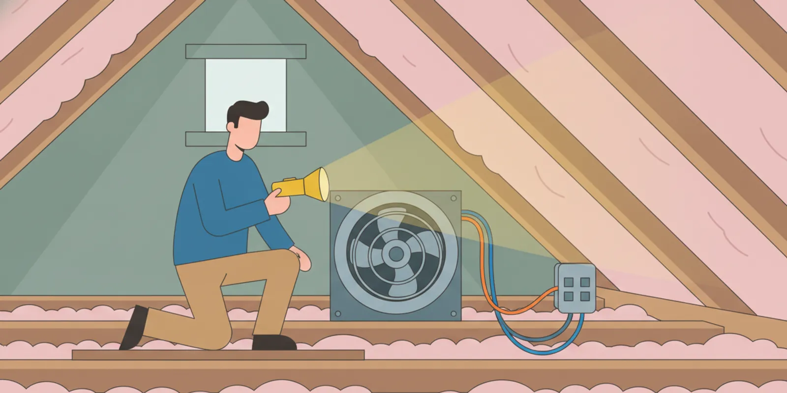 Electrician inspecting an attic ventilation fan and nearby wiring in a Florida home