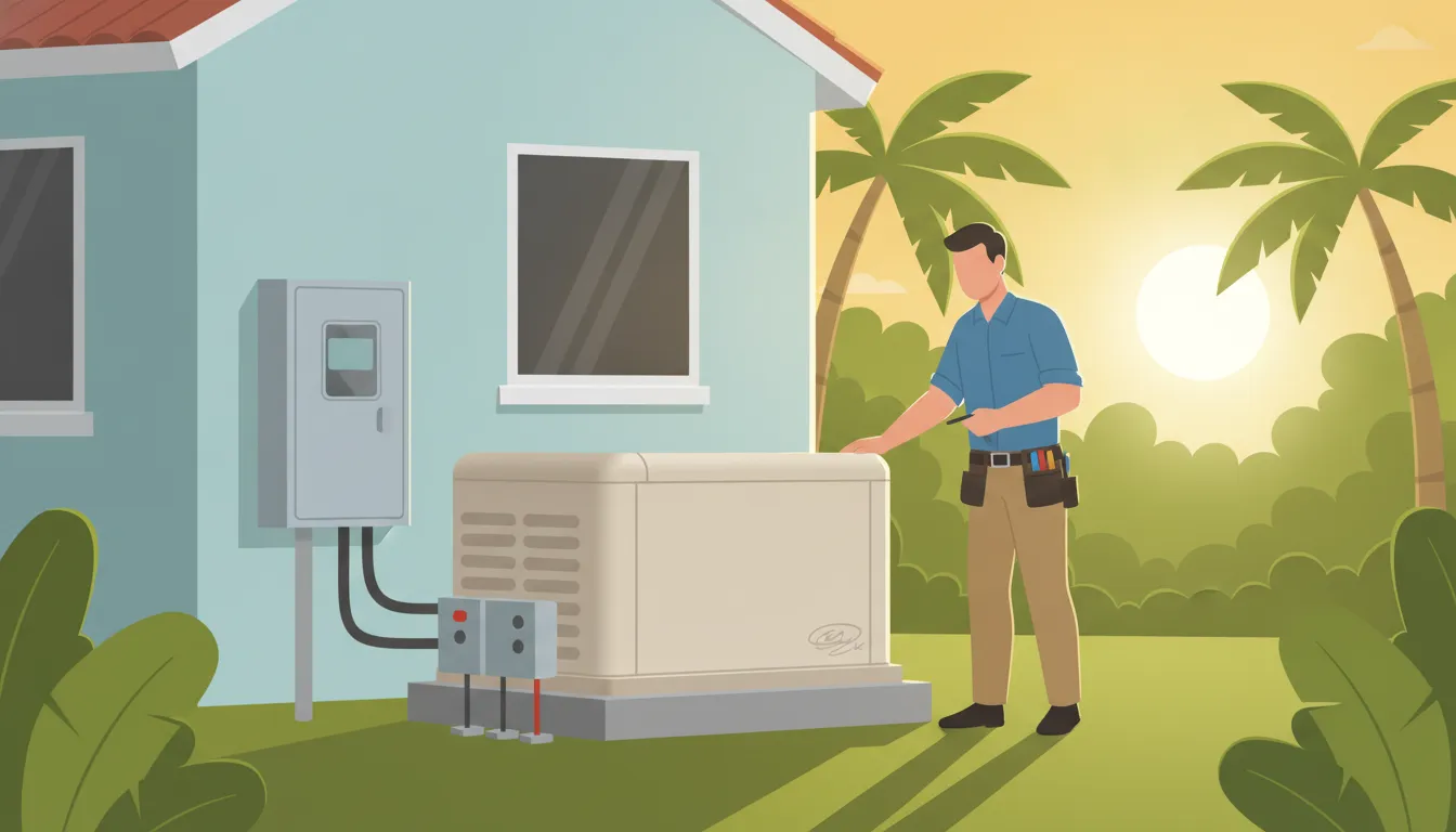 Electrician reviewing standby generator placement beside a Florida home