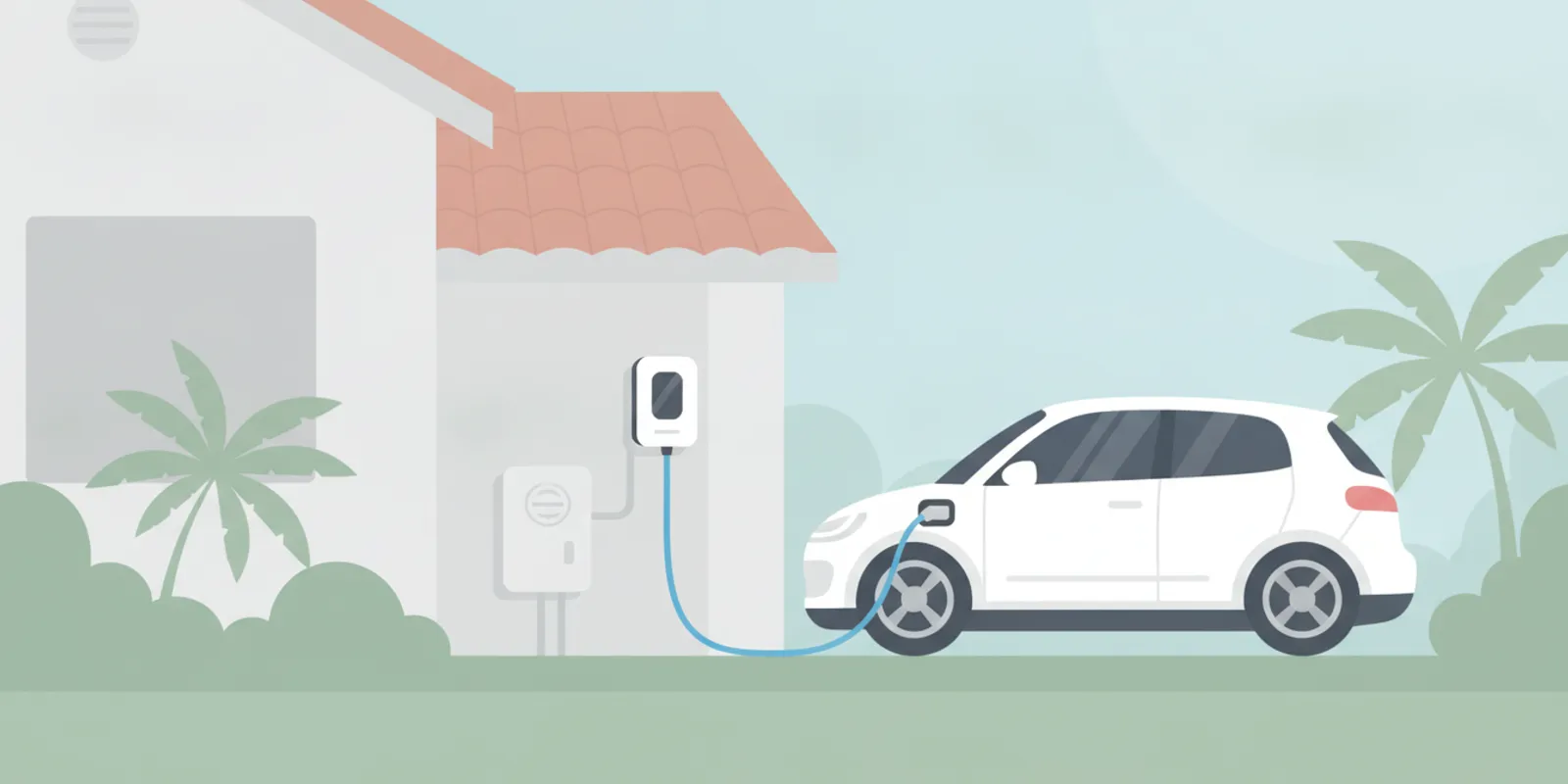 Electric vehicle charging beside a Florida home with its charger mounted on an exterior wall