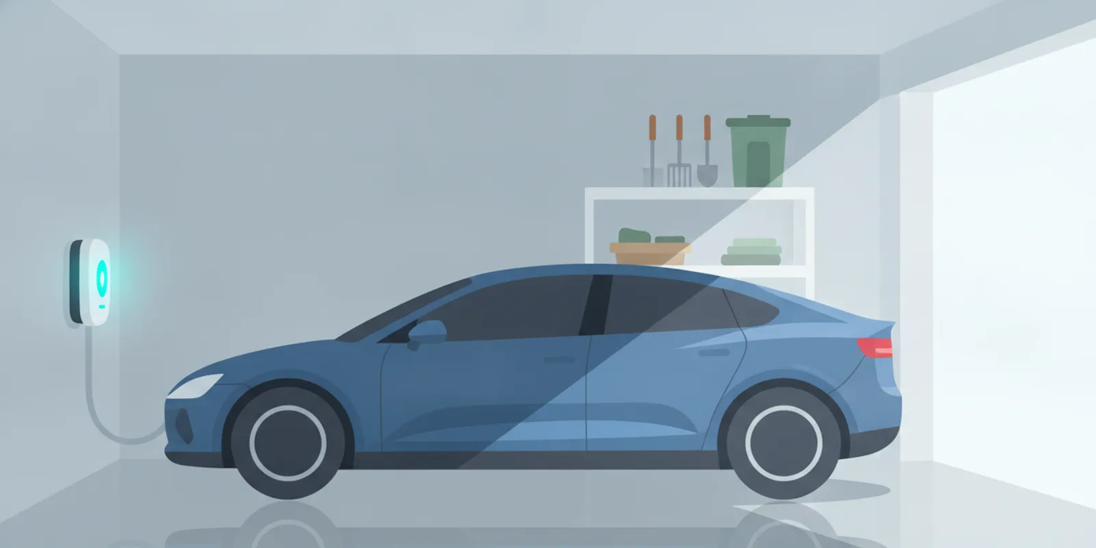 Electric vehicle charging in a residential garage beside a wall-mounted Level 2 charger
