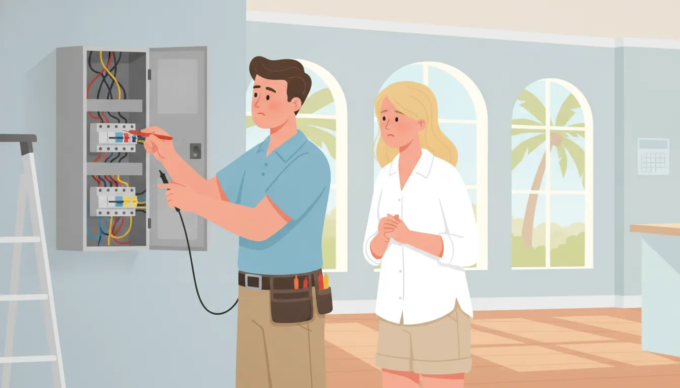 Electrician inspecting residential wiring with a homeowner