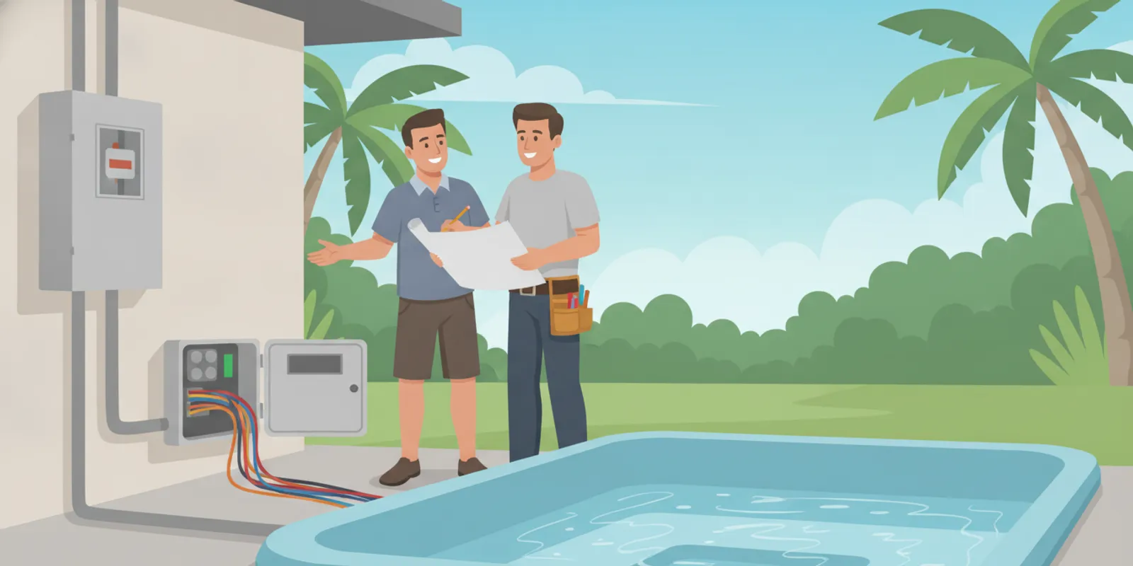 Electrician reviewing a safe backyard hot tub wiring plan