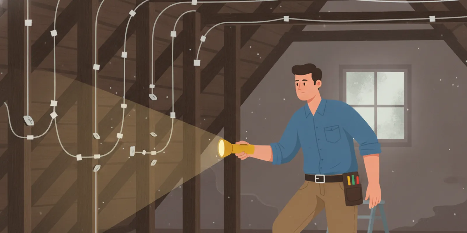An electrician inspecting older knob and tube wiring in an attic