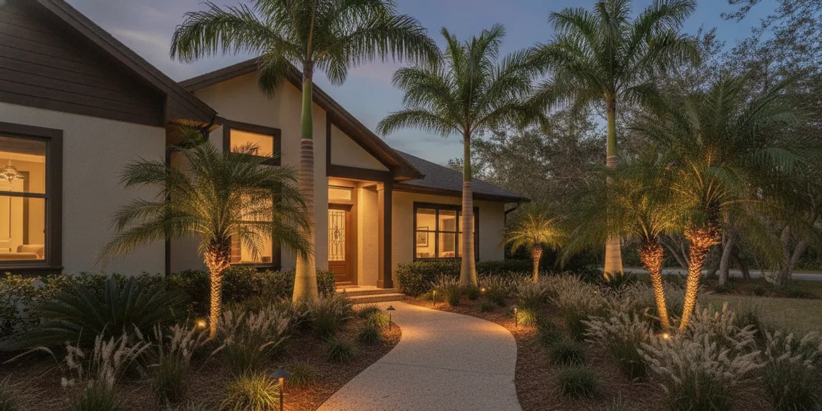 Warm landscape lights illuminating a coastal Florida home garden path and palms at dusk