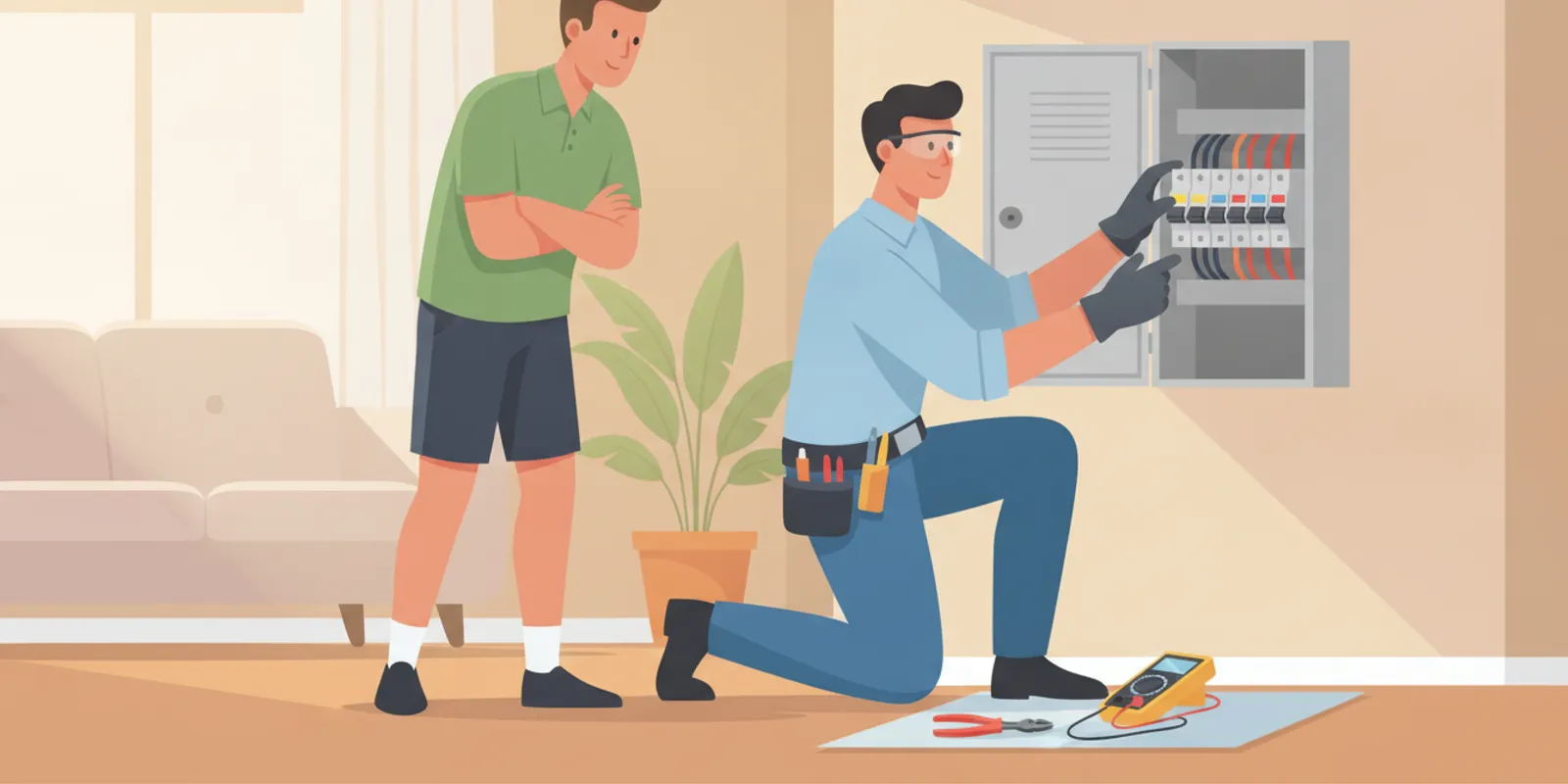 Florida electrician reviewing a home's electrical panel during a safety assessment