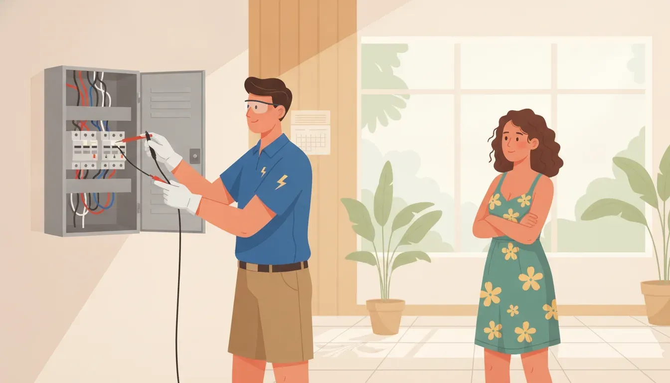 Electrician evaluating electrical panel conditions that can affect emergency repair cost