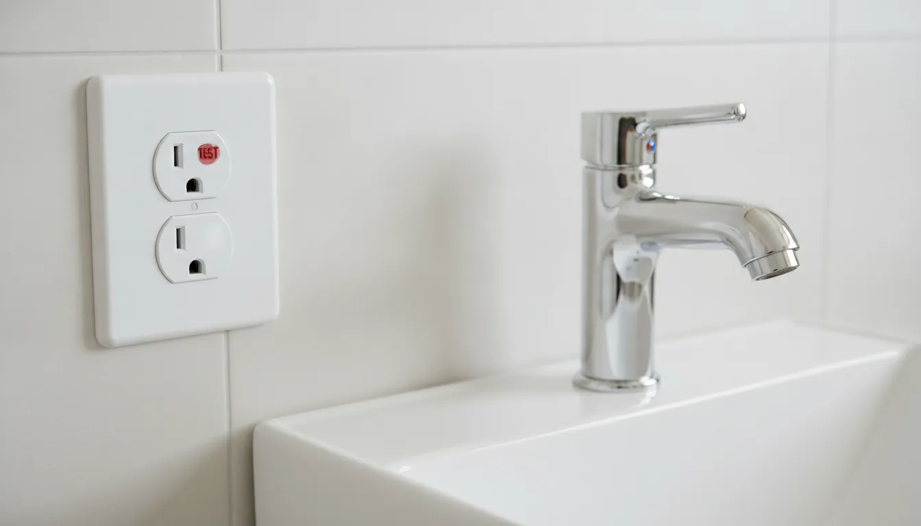 Close-up of a GFCI outlet with test and reset buttons on a bathroom wall