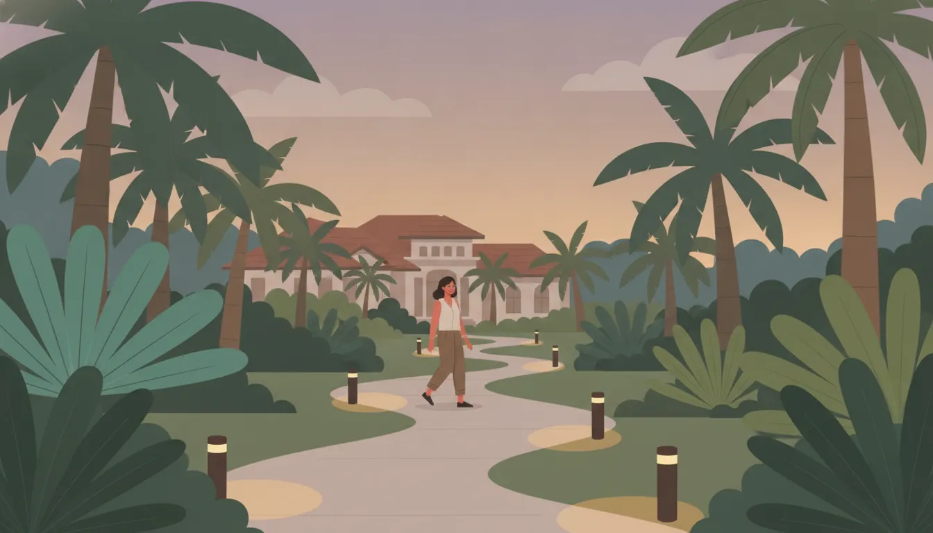 Low voltage lighting layout illuminating a Florida home walkway and garden