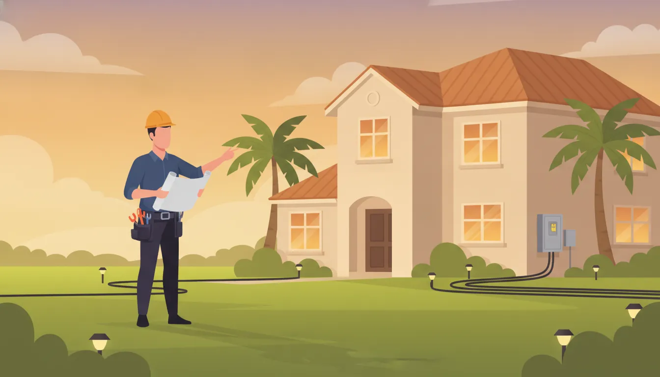 Electrician planning safe low voltage lighting installation beside a Florida home